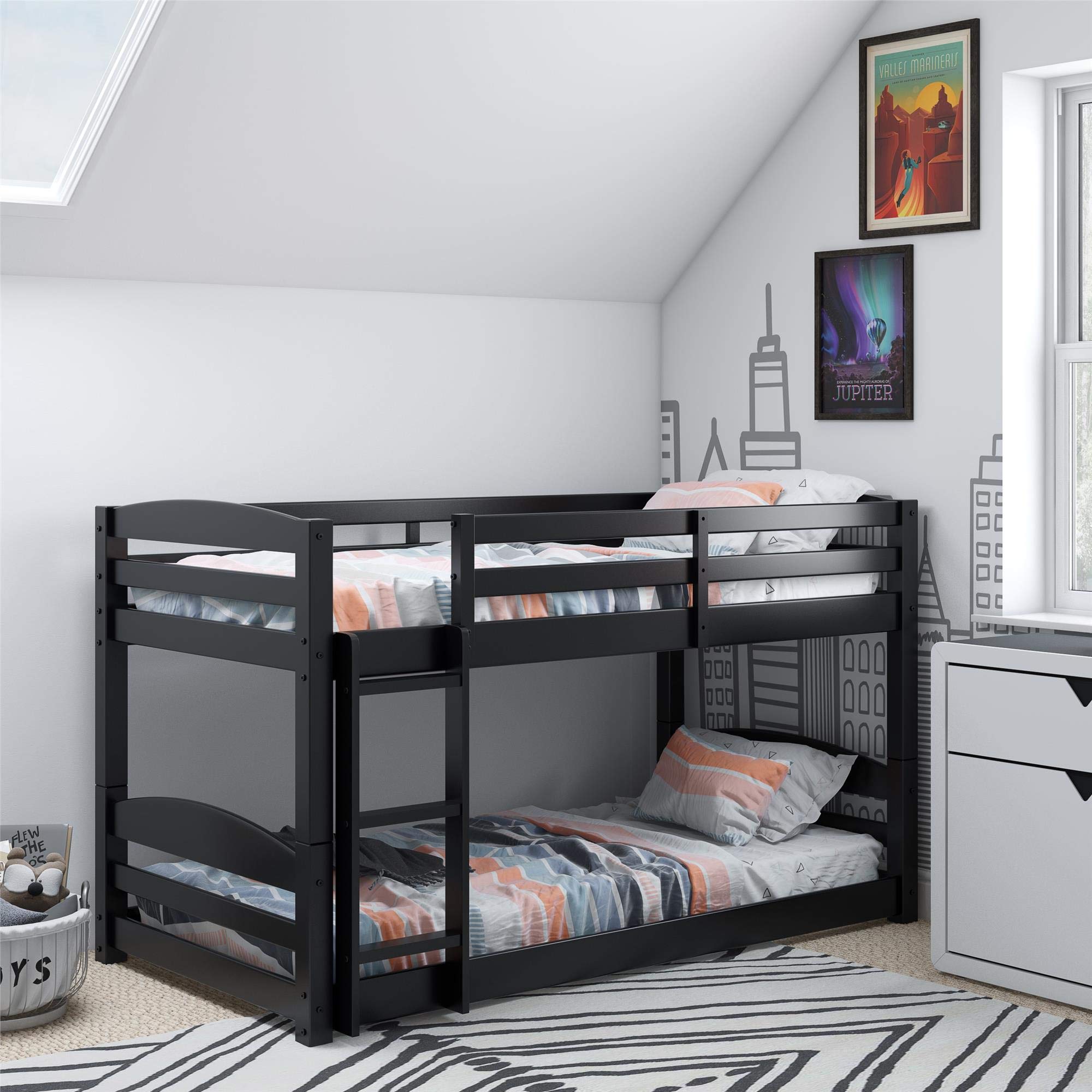 Photo 1 of DHP Phoenix Twin Bunk Bed with Ladder, Black, Space-Saving Design, Solid Wood Construction