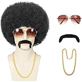 Bromobiz 5Pcs Set Disco Style Afro Wig for Men 70s/80s Theme Parties, Curly and Fluffy Costume Wigs with Synthetic Hair, Hippie Rocker Afro Wig for Cosplay/Halloween/Dress up (Black)