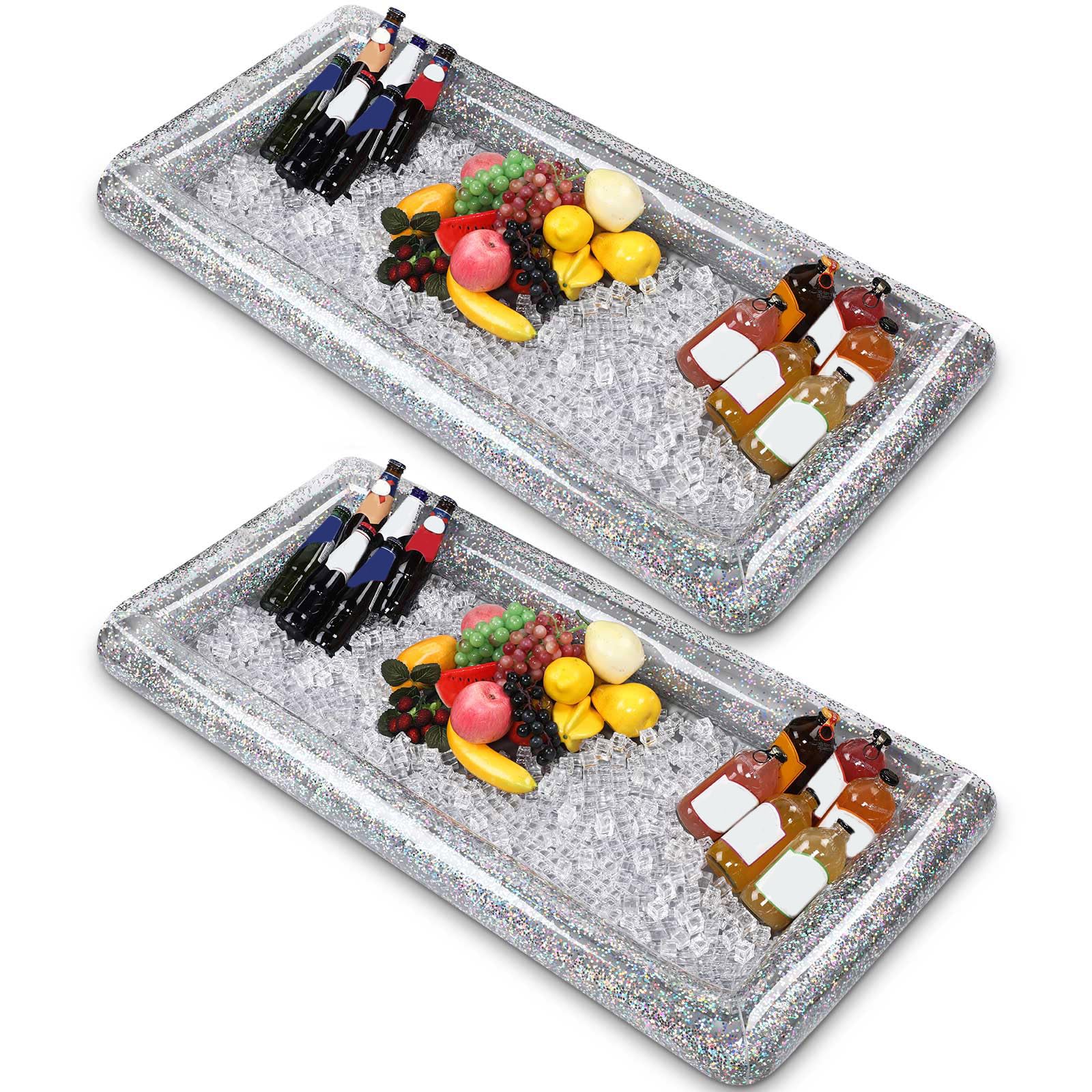 Photo 1 of 2 Pieces Inflatable Serving Bar Glittering Confetti Food Cooler Buffet with Drain Plug, Inflatable Ice Serving Bar for Food and Drinks for Pool and Outdoor Events(Silver)