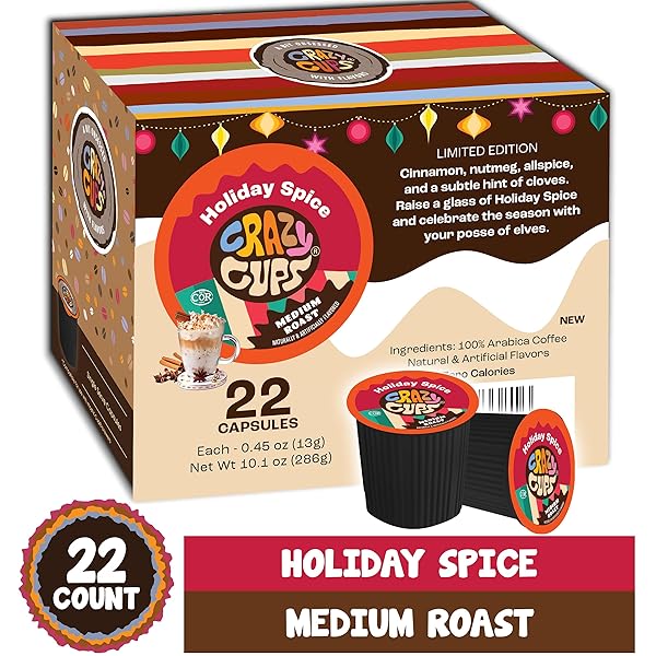 CRAZY CUPS FLAVORED COFFEE PODS, HOLIDAY SPICE & BLEND, SINGLE SERVE COFFEE FOR KEURIG K CUPS MACHINES, HOT OR ICED, MEDIUM ROAST IN RECYCLABLE(PACK OF 1, 22 COUNT TOTAL)
