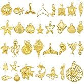 Julie Wang 90PCS Gold Tone Alloy Mermaid Tail Turtle Shell Starfish Charms Ocean Pendants for Necklace Bracelet Summer Beach Jewelry Making Nautical Themed Craft DIY Supplies 30 Styles