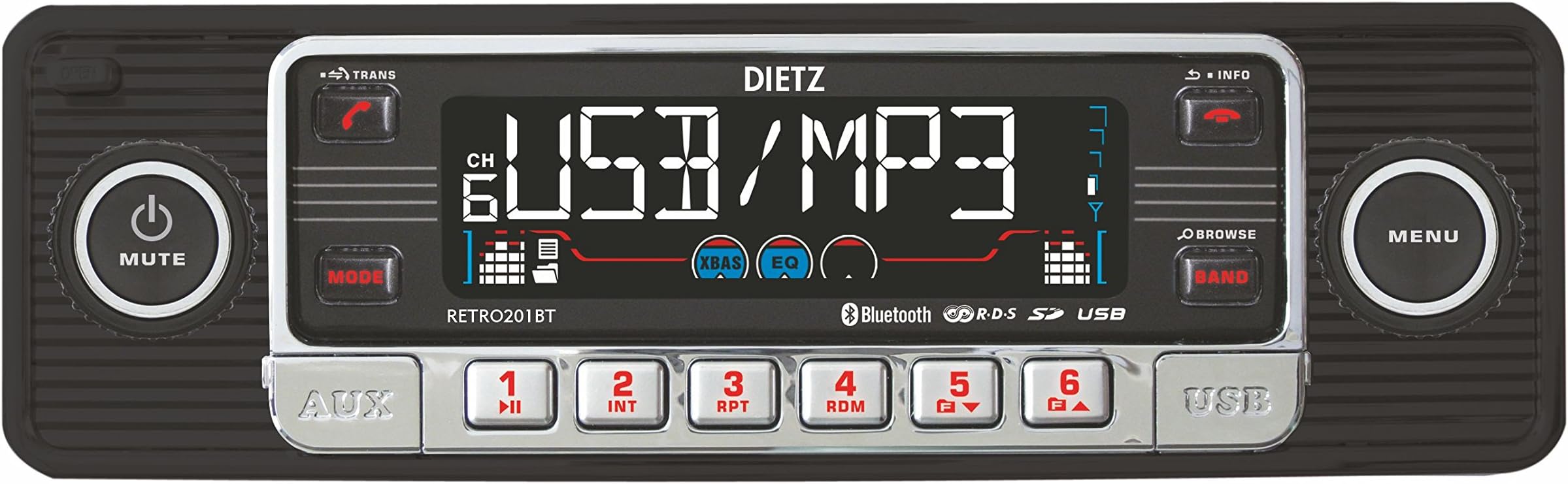 Dietz RETRO_201_BT Car Radio 1-DIN Retro Bluetooth Radio CD/MP3/USB/SD/RDS/AUX with Remote Control, Colour: Black