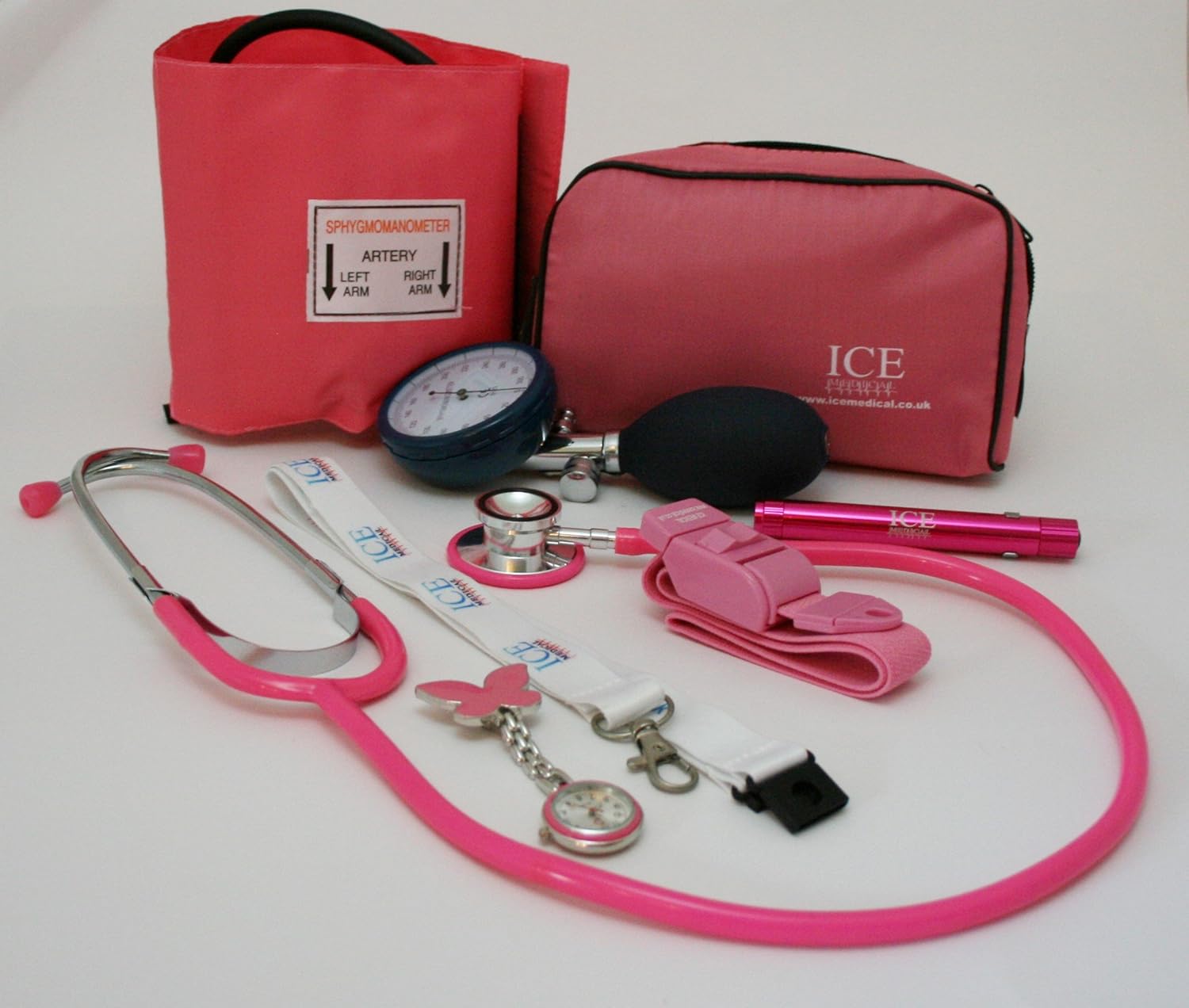 Pink Aneroid Blood Pressure Sphygmomanometer Monitor, Stethoscope, Pen