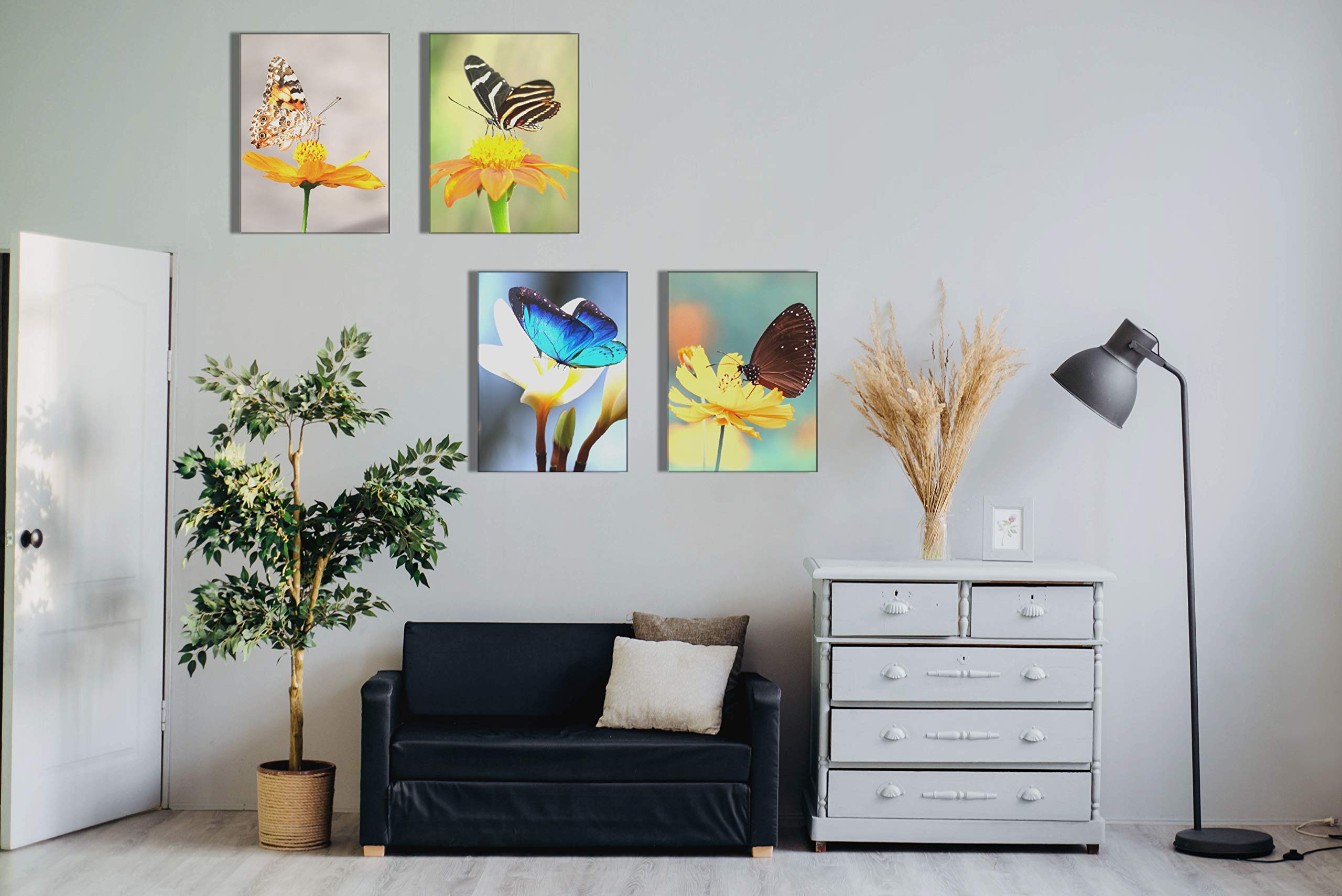 Canvas Wall Art for Living Room Butterfly on Flower Decor Painting Blooming Florals Pictures Print Decoration Artwork 12x16inch x4Pieces