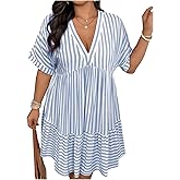 SOLY HUX Women's Plus Size Striped Ruffle Dress Summer Deep V Neck Half Sleeve Flowy Babydoll Dresses