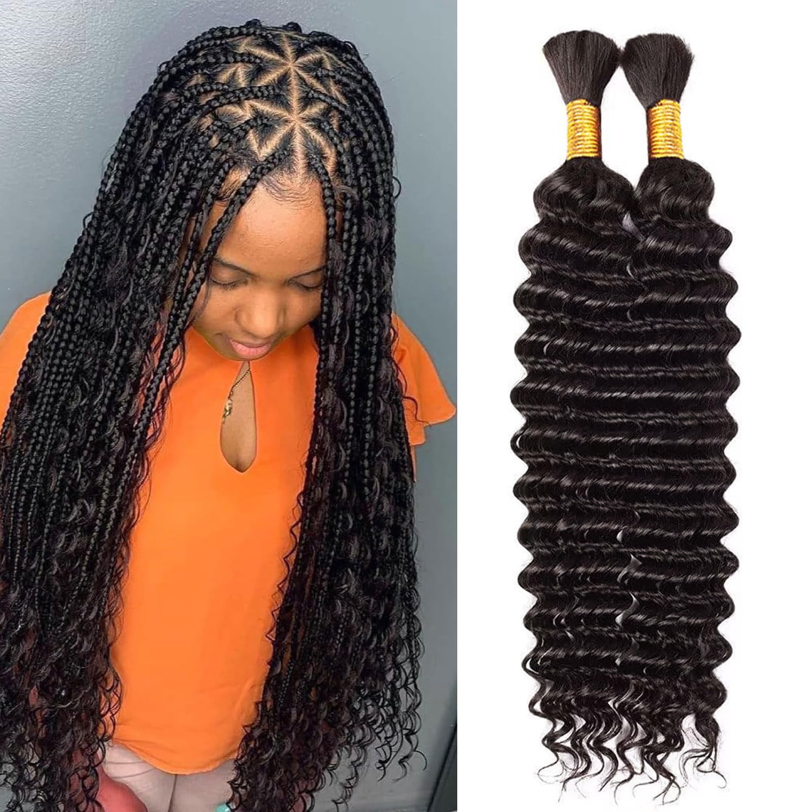 Huarisi Bulk Human Hair for Boho Braids Deep Wave Human Braiding Hair Extensions No Weft 24 Inch Bohemian Knotless Boho Curly Hair Natural Color 100g a Lot for Women