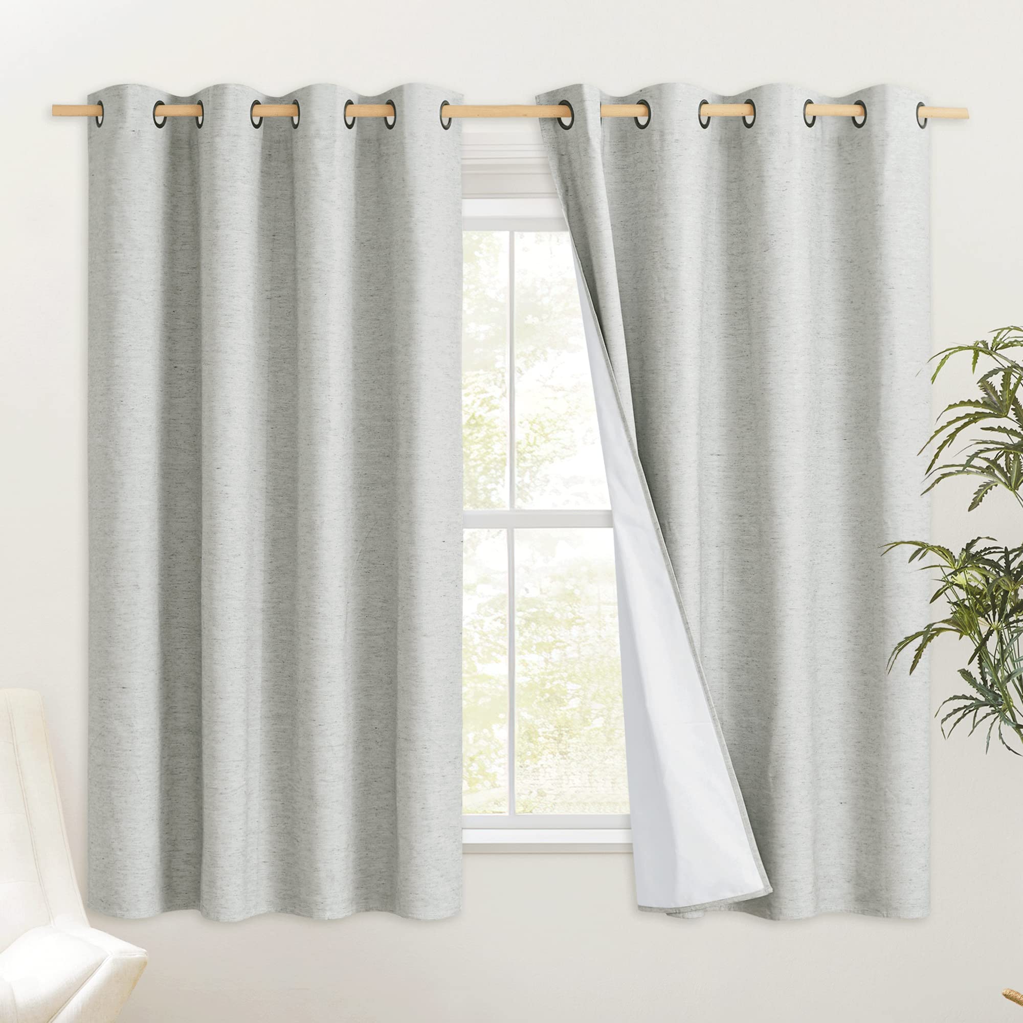PONY DANCE 100% Blackout Curtains - Curtain Thermal Eyelet for Bedroom Faux Linen Curtains Noise Reduction Window Treatment Panels for Living Room Kitchen, 52x63 Inch Drop, Camel, 2 Panels