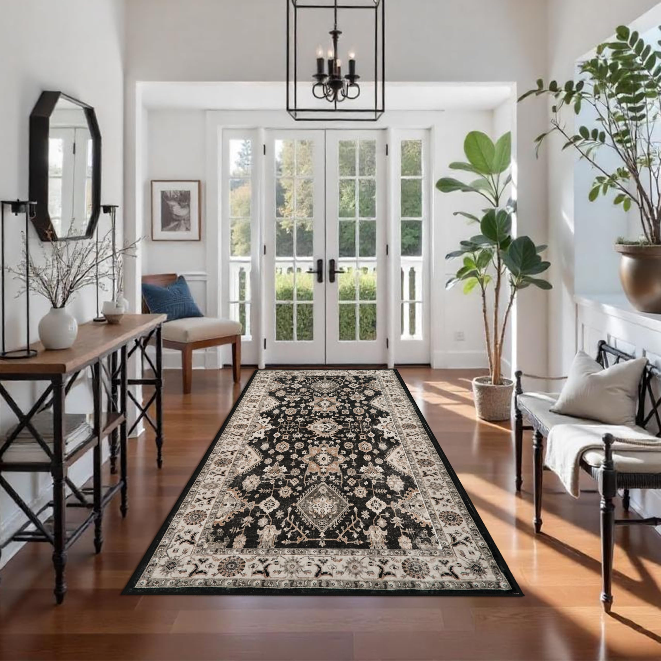 Photo 1 of TOPRUUG Washable Hallway Runner Rug 4x8: Non Slip Runner Rugs with Rubber Backing Soft Kitchen Rug Farmhouse Distressed Carpet Runner for Living Room Bedroom Bathroom (Black/Green, 4X8)