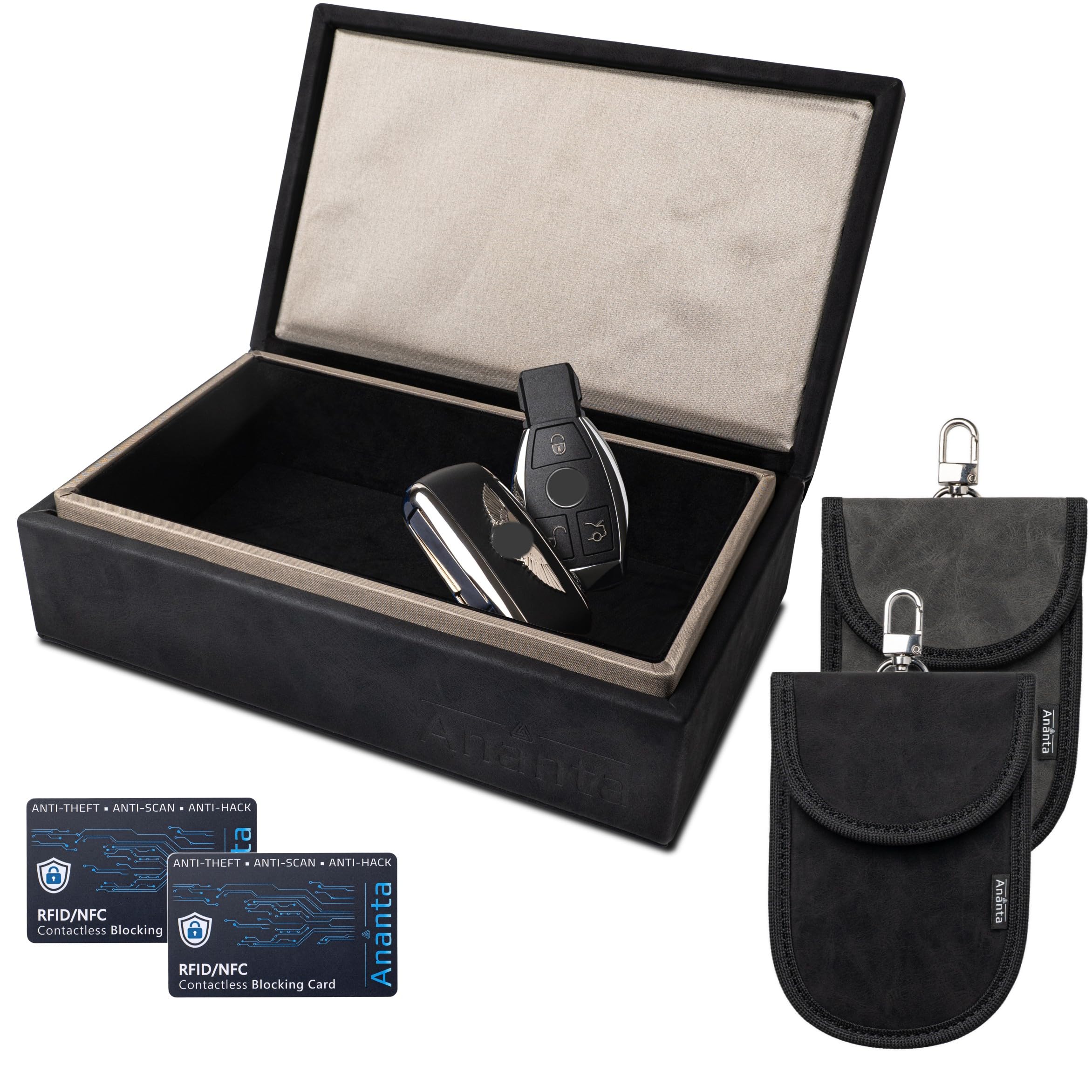 Ananta Faraday Box for Car Keys – Luxury RFID Signal Blocking Key Box, Magnetic Close, Twin Faraday Pouches & RFID Cards (Black)