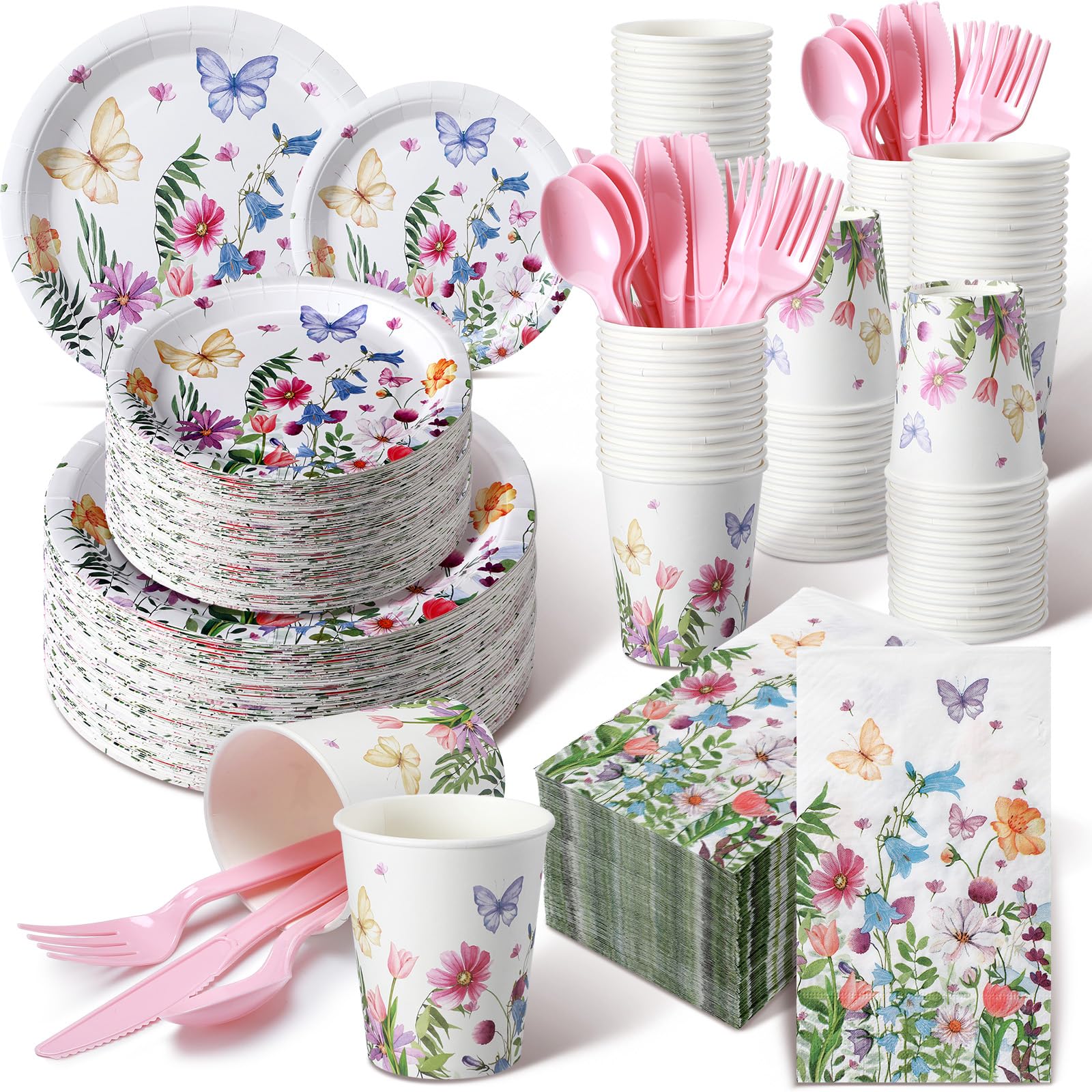 Photo 1 of Sinmoe 400 Pcs Spring Plates and Napkins Set Paper Flower Dinnerware Disposable Party Supplies for 50 Guest Dinnerware Knife Fork Spoon for Spring Birthday Party(Light Color,Wildflower)