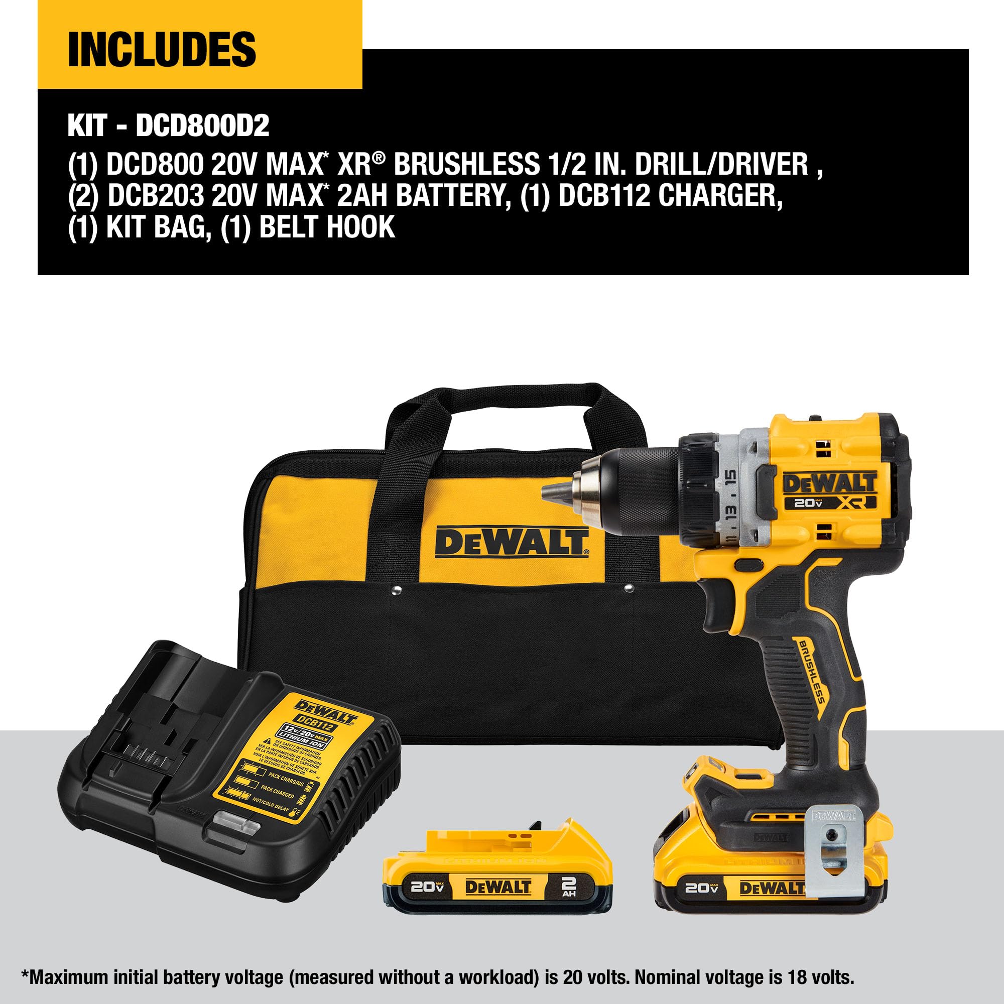 DEWALT 20V MAX XR Cordless Drill/Driver Kit, Brushless, Compact, with 2 Batteries and Charger (DCD800D2)