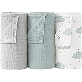 Bearmoss Muslin Swaddle Blankets, 40 x 38 inches Baby Swaddle for Boys and Girls, Soft Baby Blanket, 3 Pack Breathable Nursery Receiving Blankets (Cloud)