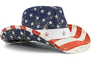 FLUFFY SENSE. American Flag Cowboy Cowgirl Hat Patriotic USA Western Hat 4th of July Party Parade Rodeo Cowgirl Outfit for Women, Blue Gold Shine