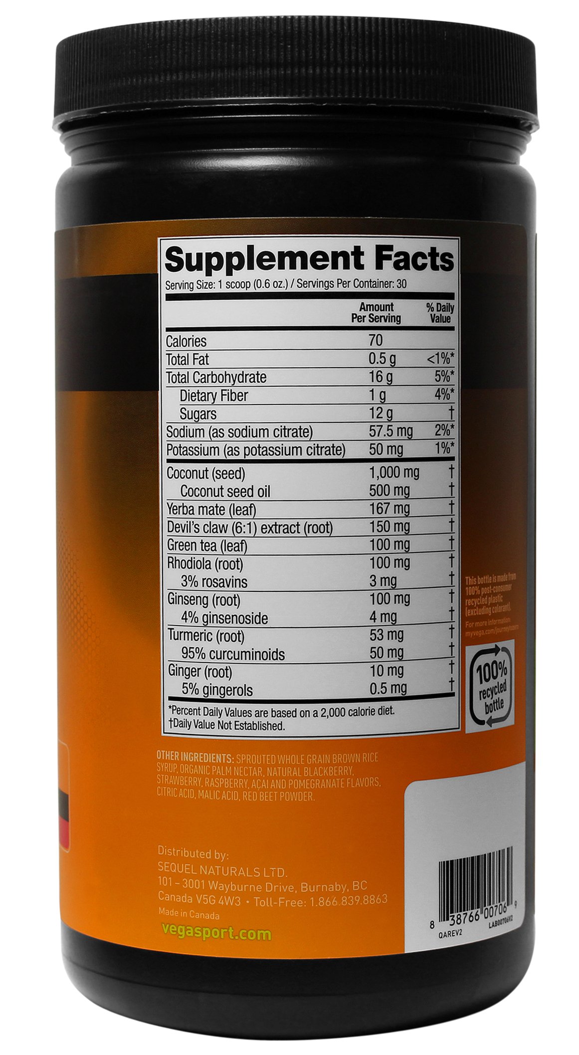 Vega Sport PreWorkout Energizer Acai Berry (19oz, 30 Servings) Vegan