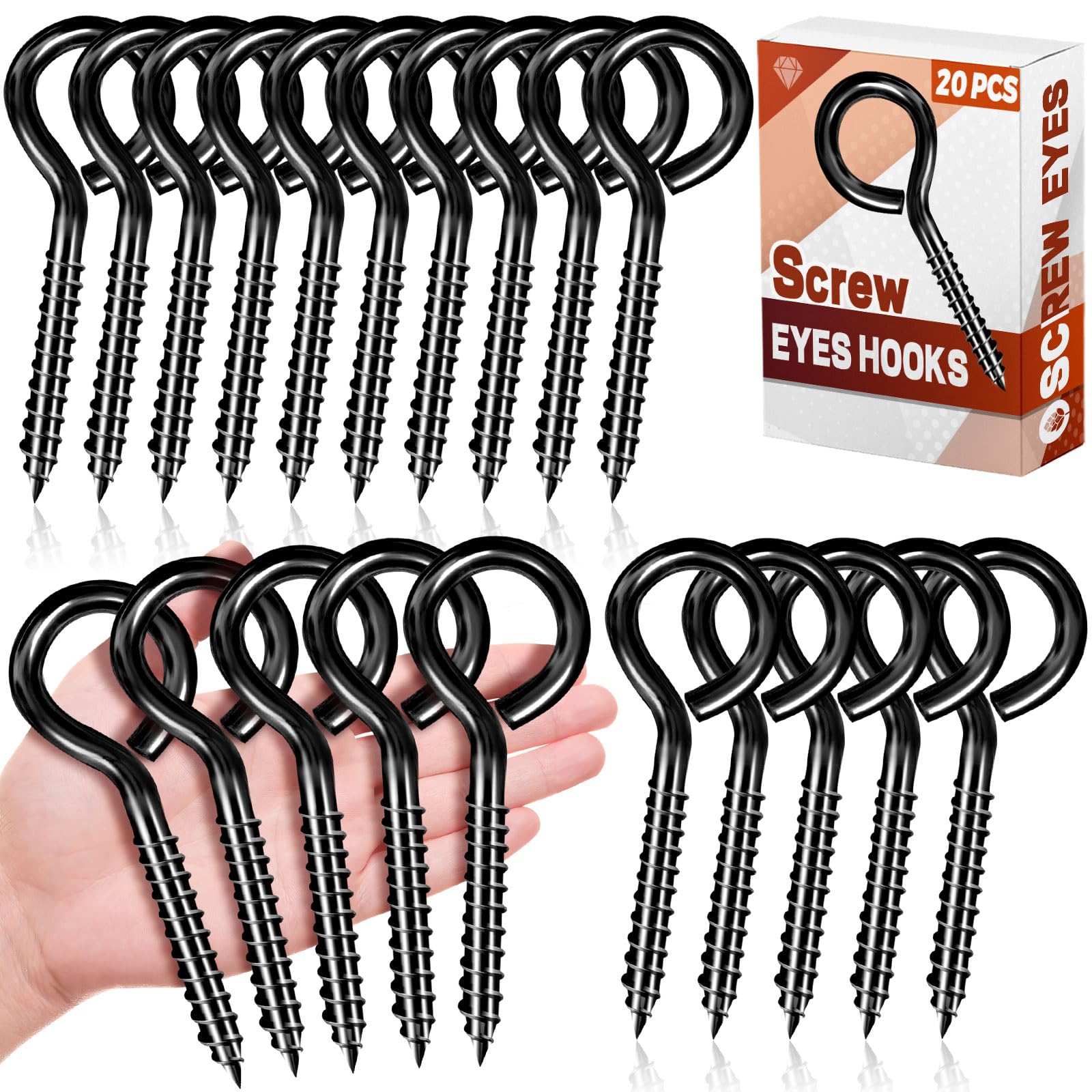 FFWHKON 20 Pcs 5 Inch Eye Hooks, Eye Bolts Screw in Hooks Stainless Steel,Heavy Duty Black Large Screw Eye Hooks for Hanging, Tie-Downs, Heavy-Duty Applications