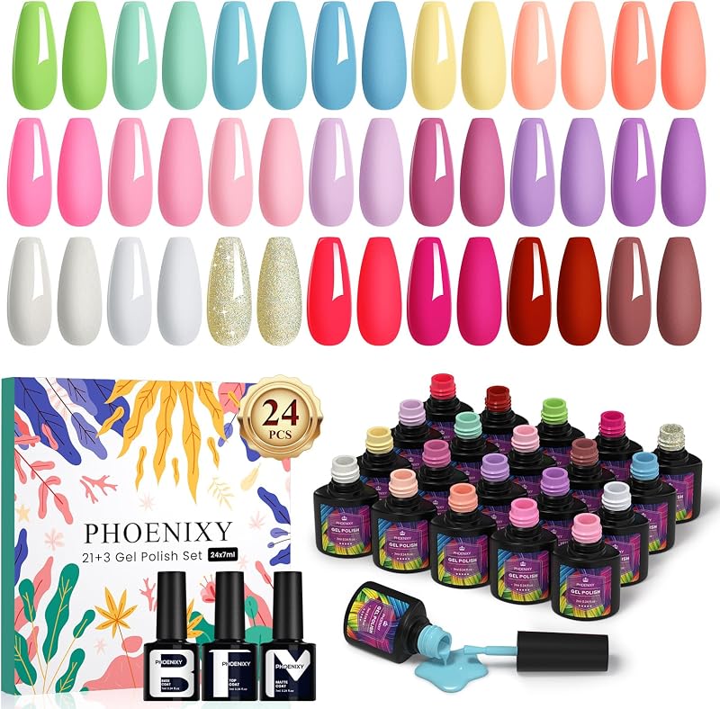 Phoenixy Gel Nail Polish Set 21 Colors 7ml Base Top Matte Gloss Top Coat