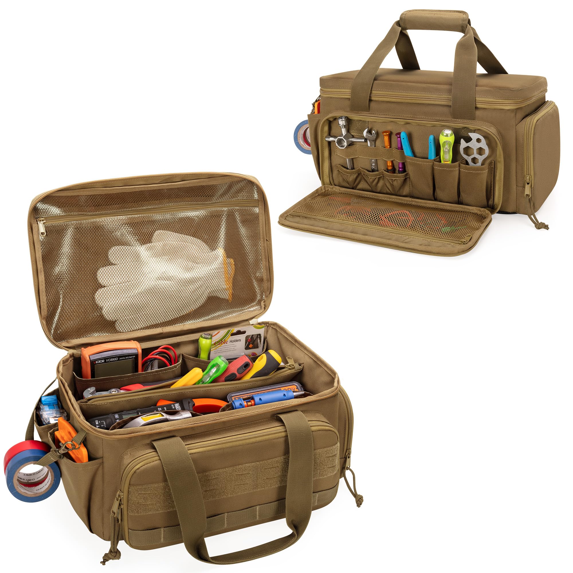 Rexmica 14 Inch Small Tool Bag with Anti-slip and Padded Bottom, Tactical Tool Range Work Bag for Car, Garden Repair, Heavy Duty Tool Storage Organiser Bag with Multi-Pocket for Electrician, Carpenter