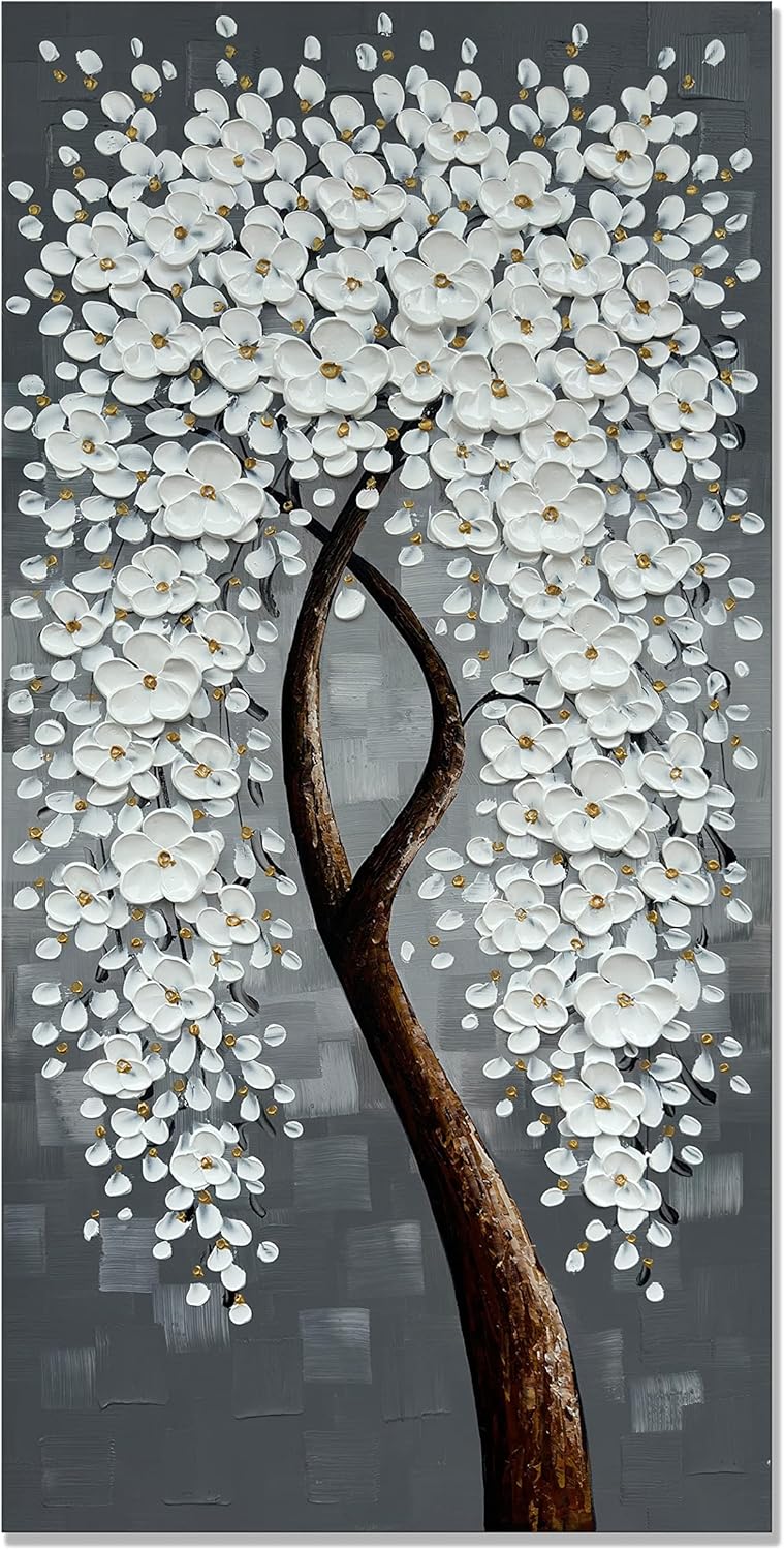 Paintings - zoinart Vertical Abstract 3D Modern Oil Painting on Canvas Wall Art, Handmade Abstract Floral Canvas Wall Art White Flower Artwork for Home Decorations Contemporary Art
