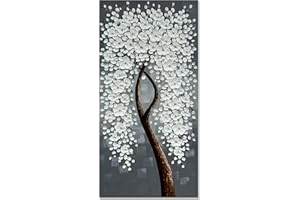 zoinart Vertical Abstract 3D Modern Oil Painting on Canvas Wall Art, Handmade Abstract Floral Canvas Wall Art White Flower Artwork for Home Decorations Contemporary Art