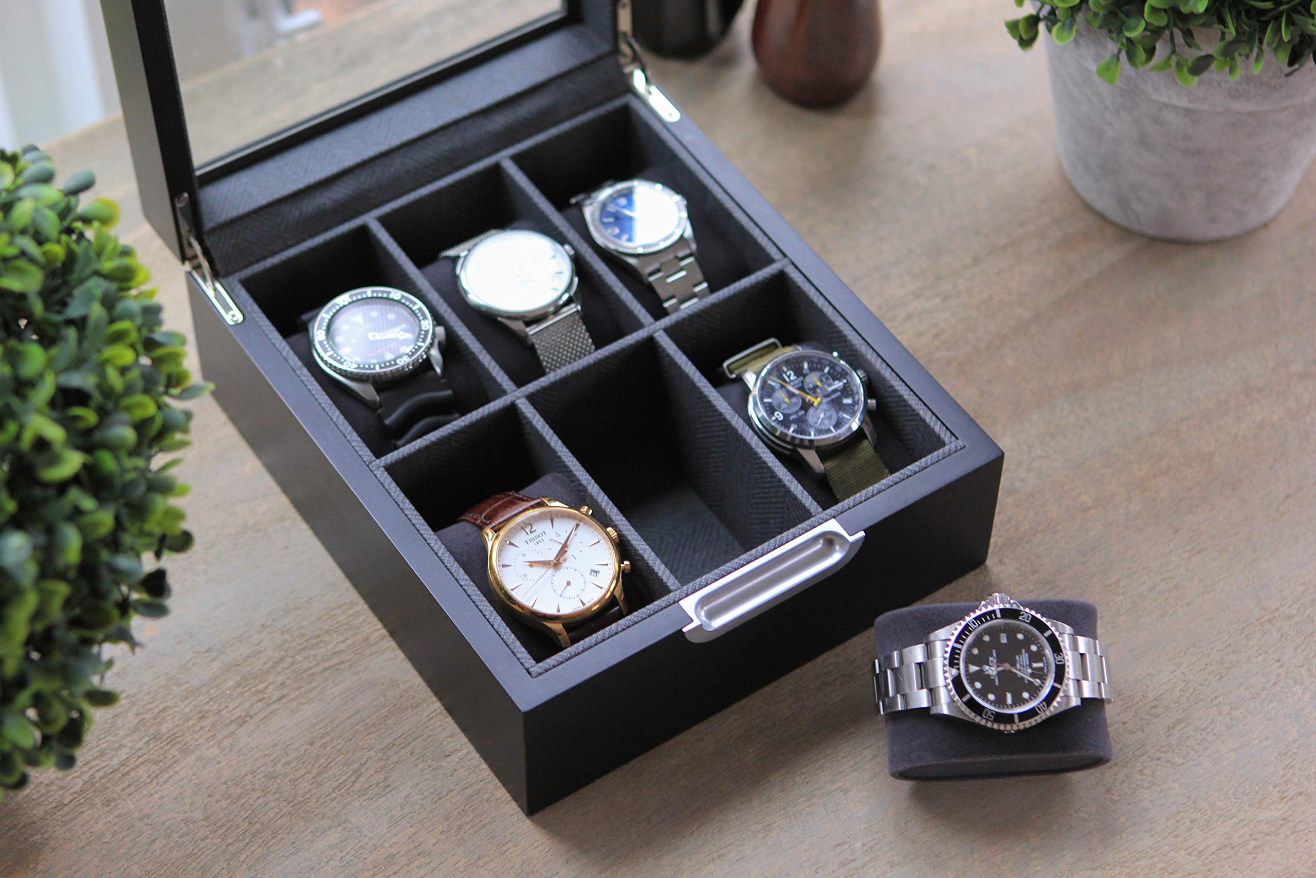 CASE ELEGANCE Watch Box Modern 2x3 Black Finish with Custom Aluminum Handle 6-Slot with Real Glass