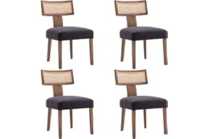 RIVOVA Mid Century Modern Dining Chairs Set of 4 Rattan Kitchen Chairs Linen Fabric Upholstered Side Chairs, Modern Kitchen Armless Solid Wood Dining Chairs, Charcoal