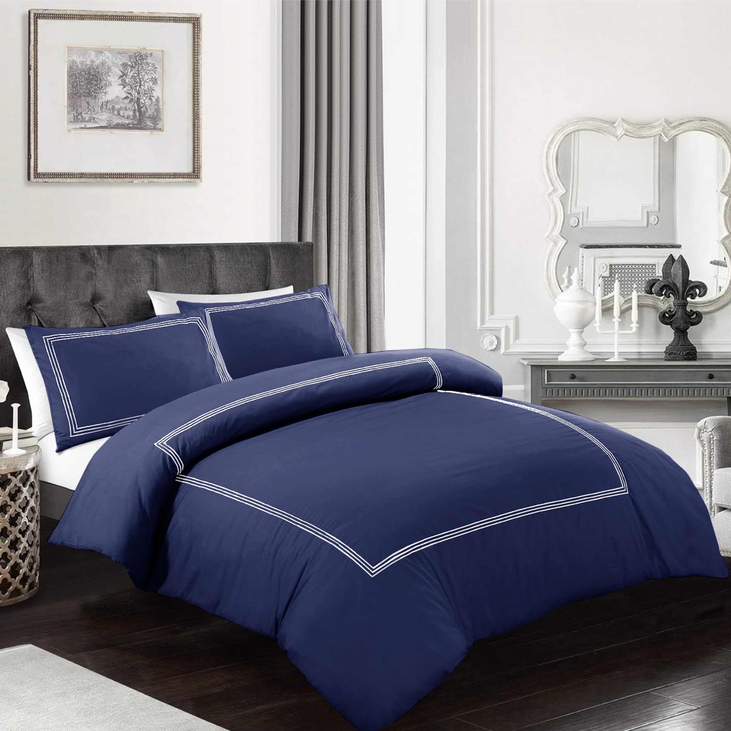 My home store Embroidered Duvet Cover Set Hotel Quality 200TC Bedding Set Soft Breathable 100% Poly Cotton Quilt Cover with 2 Pillowcases (Bratta Stitch Navy Blue, Super King)