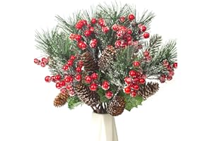 Grunyia 10 Pack Artificial Pine Branches Fake Greenery Pine Picks Artificial Red Berry Stems Christmas Pine Needles for Garland Wreath Christmas and Home Garden Decor