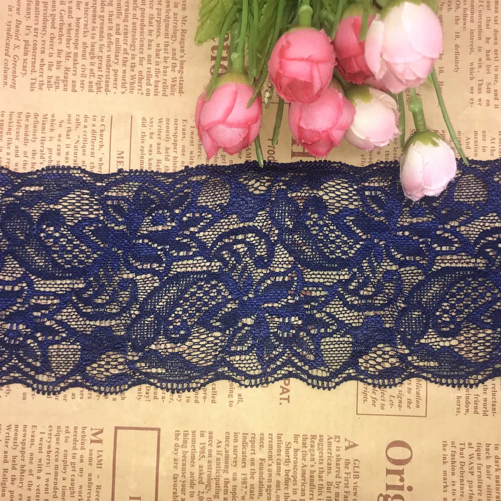 8CM Width Europe Belt Pattern Elastic Nylon Lace Trim,Curtain Tablecloth Slipcover Bridal DIY Clothing/Accessories.(5 Yards in one Package) (Navy Blue)