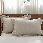Simple&Opulence 100% French Linen Pillowcases with Embroidery – Pack of 2, Washed Solid Color Natural Flax, Soft & Breathable - Linen, 20'' x 26''