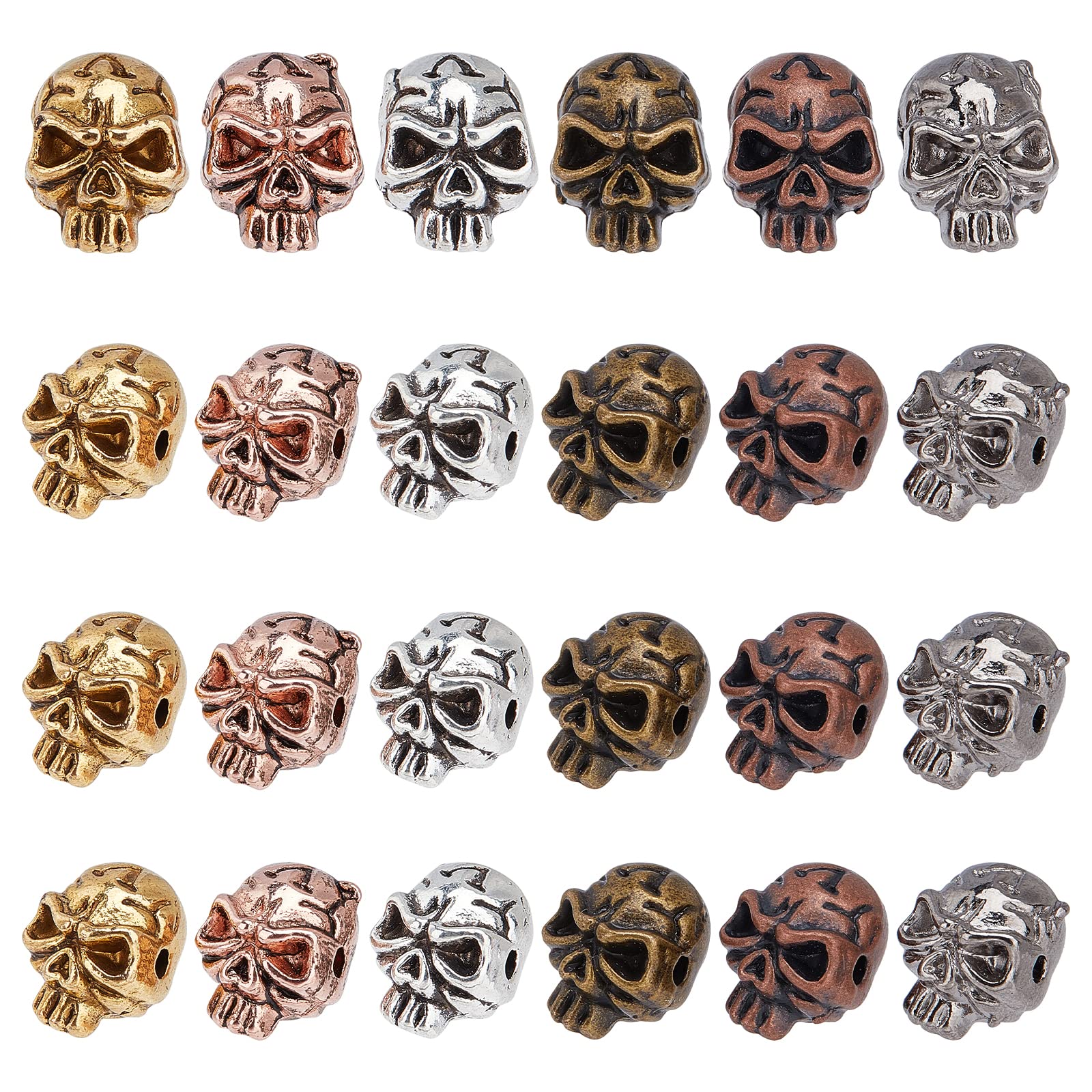 PH PandaHall Skull Beads, 24pcs 6 Styles Zinc Alloy Skeleton Head Bead Charms Loose Spacer Bead for Men Original Bracelet DIY Earring Necklaces and Halloween Home Party Decorations