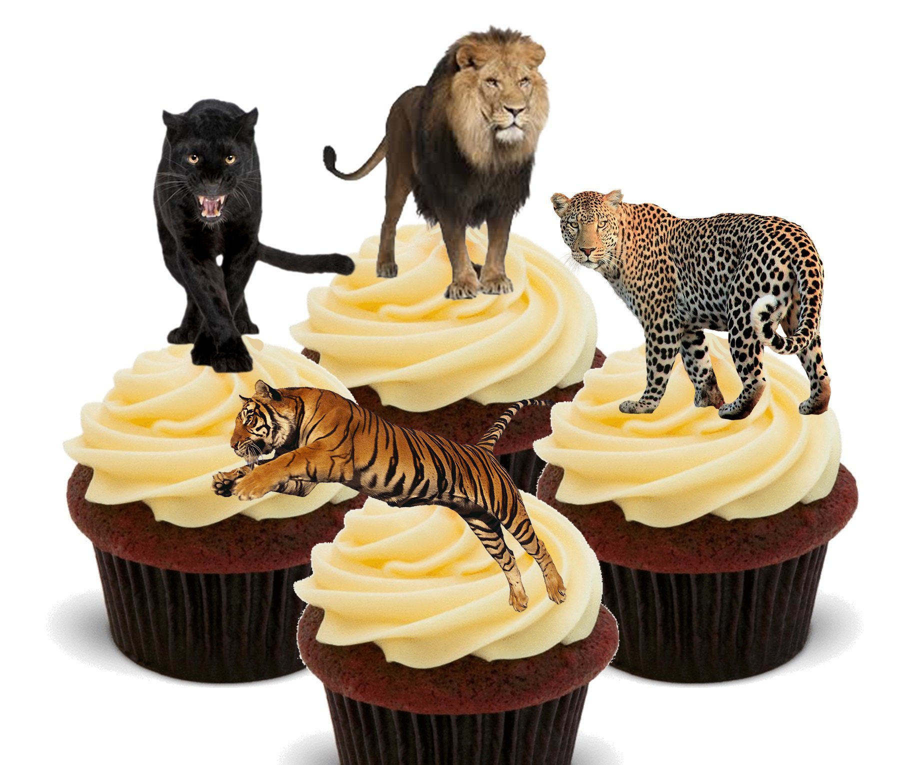 Made4You Wild Cats - Lion, Tiger, Panther and Leopard Edible Cupcake Toppers - Stand-up Wafer Cake Decorations (Pack of 12)