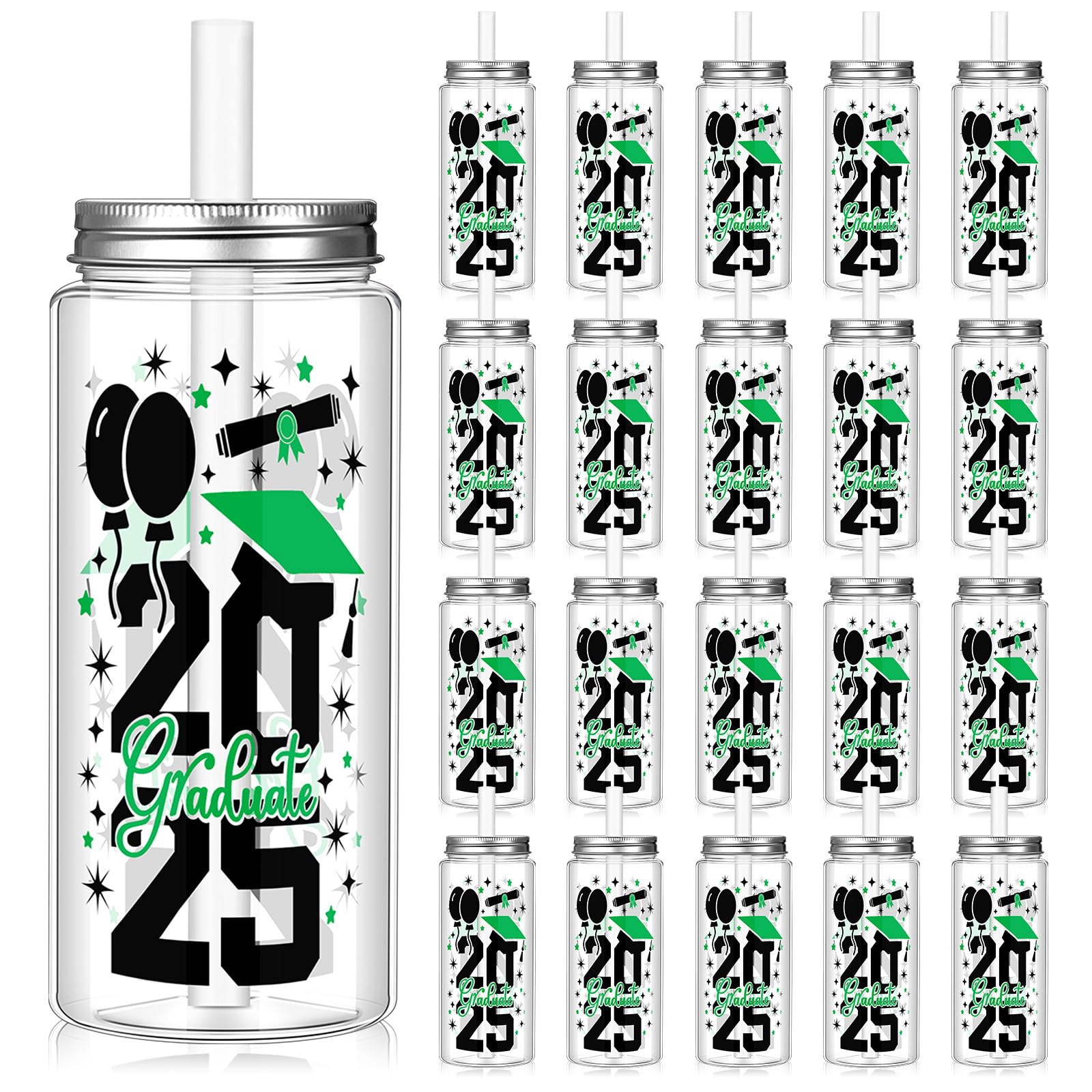 Photo 1 of Vesici 24 Pcs Graduation Plastic Cups with Lid and Straws 13.5 oz 2025 Graduate Tumblers Graduation Gifts Drinking Cups with Decorative Bows for Class of 2025 Party Favors Decorations(Green)