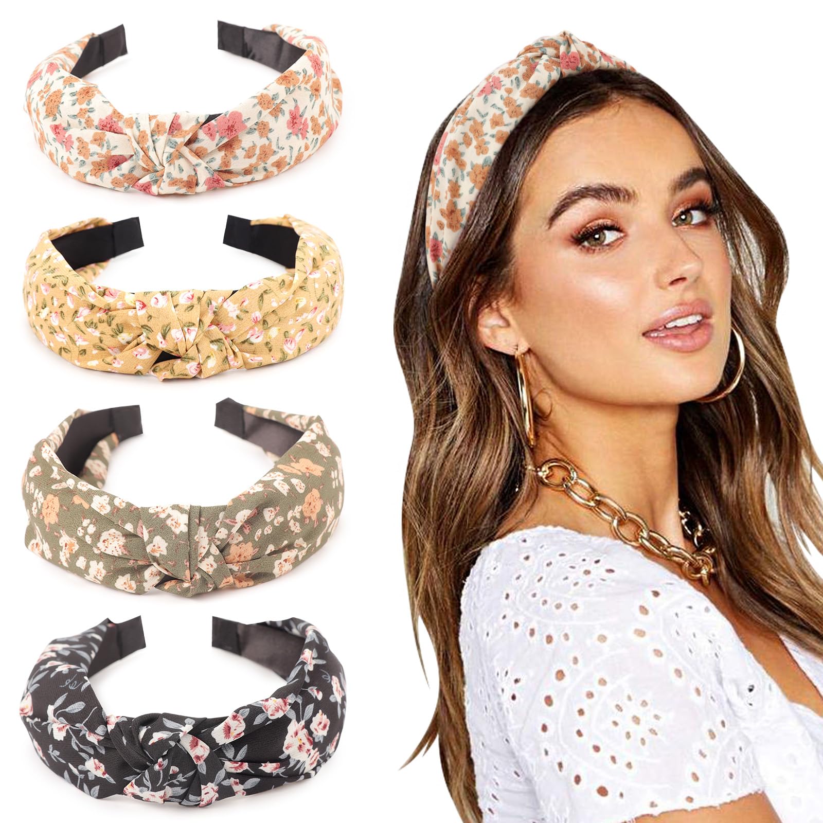 DRESHOW 4 Pack Headbands for Women and Girls Flower Printed Knotted Plastic Head Band Fashion Boho Wide Hairbands Non Slip Hair Accessories — image 1