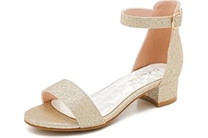 Dufannie Girls Sandals Low Heels Dress Pump Ankle Strap Open Toe Flower Girl Wedding Party for Toddler Little Big Kid