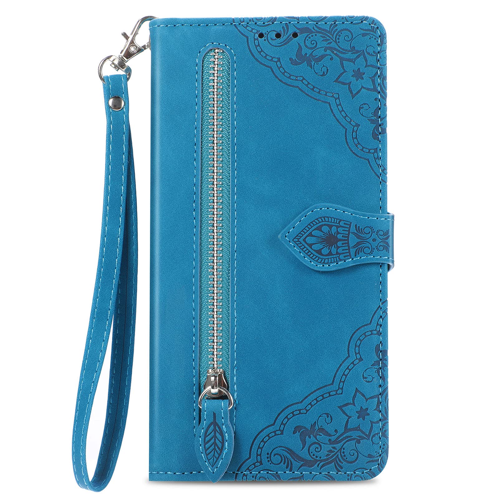 NEXCURIO Zip Wallet Case Compatible with Apple iPhone 13 Pro Phone Case Wallet with Credit Card Holder Strap Stand Women Leather Flip Case Floral Folding Cover Shockproof - Blue