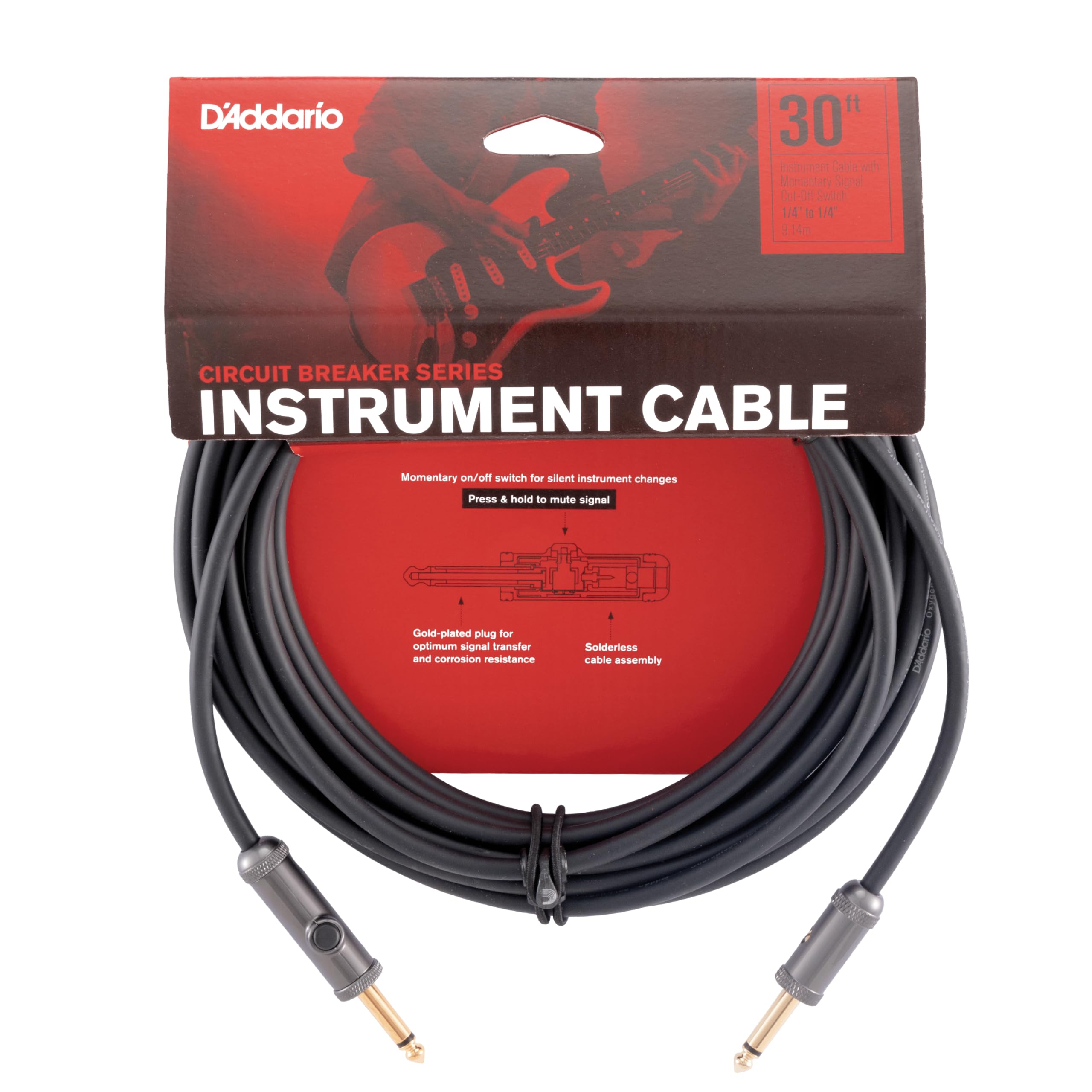 D’Addario Accessories Custom Series Circuit Breaker Guitar Cable - Momentary Kill Switch Instrument Cable with ¼ Inch Ends - On/Off Switch for Silent Instrument Changes - Straight, 30 feet