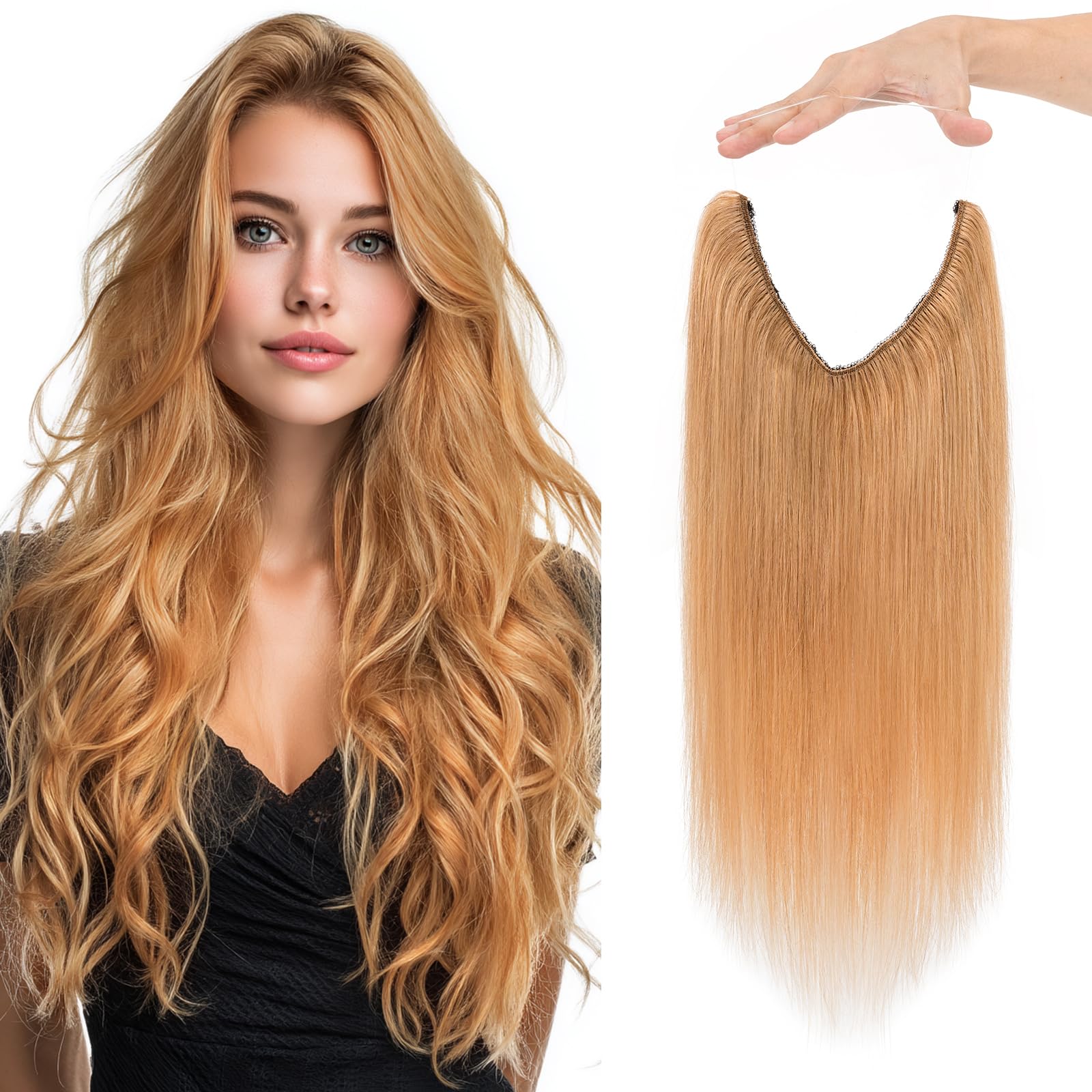 Photo 1 of Charites Halo Hair Extensions Real Human Hair Invisible Wire Extensions with Transparent Fish Line Adjustable Size Dark Blonde 12 inch