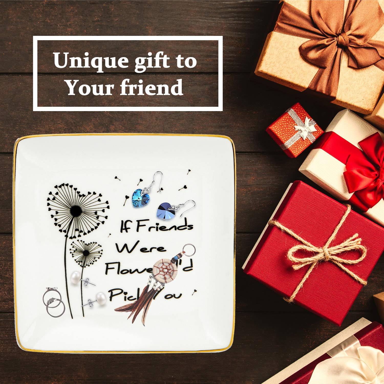 DOIOWN Bestie Gift Ceramic Jewelry Trays Ring Dish Friendship Gift for her Gift for Best Friend, Sister - If Friends were Flowers I\'d Pick You