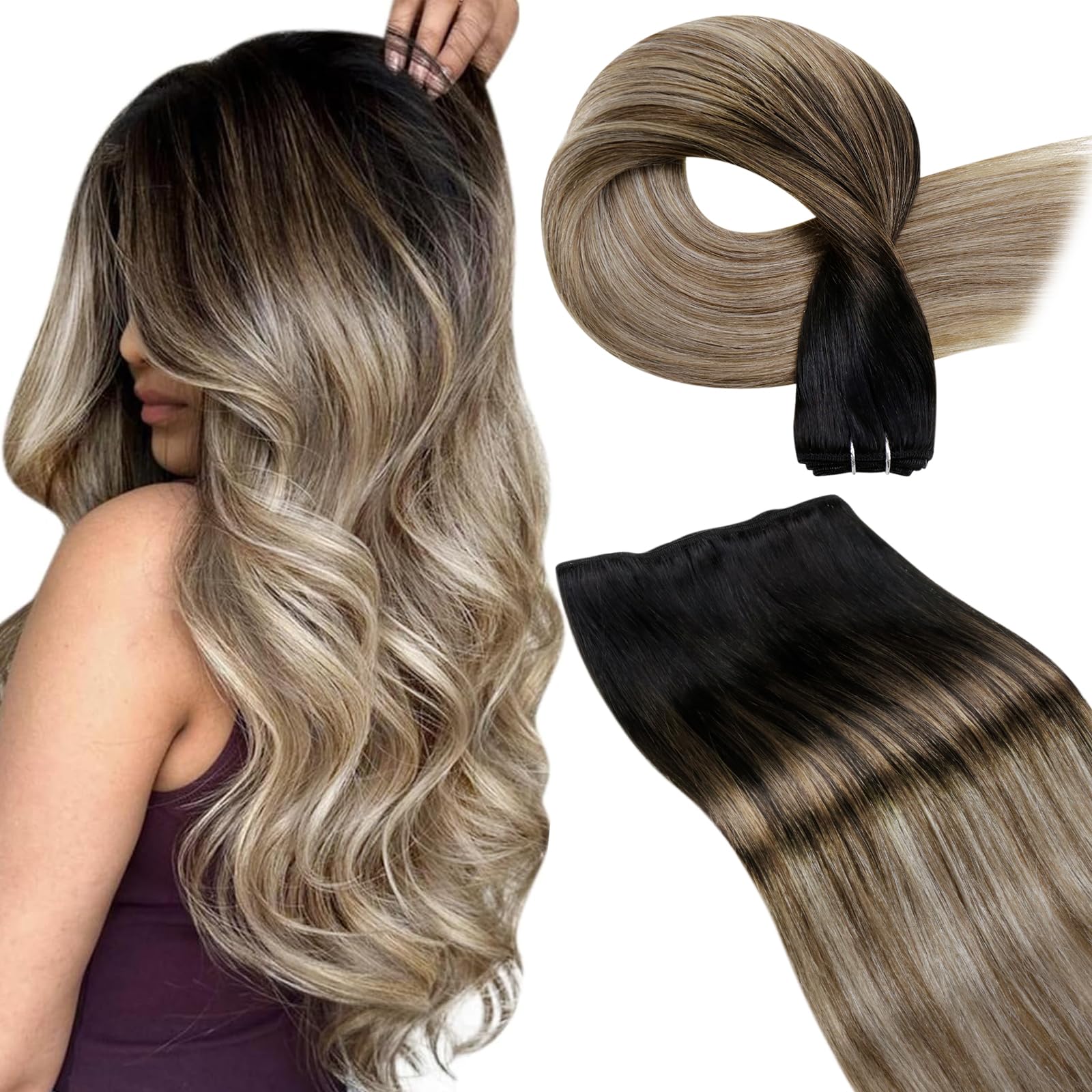 LaaVoo Weft Hair Extensions Real Human Hair Black Sew in Hair Extensions 100g 16 Inch Full Head Straight Balayage Light Brown & Blonde Remy Invisible Double Weft Weave #1b/8/22 — image 1