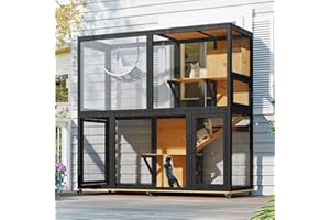 TIMHAKA Large Catio with Wheels, 4 Tier Cat Enclosures House for Outdoor Sunbathing, Multi-Feature Indoor Wooden Kitty Cage for Patio with 4 Access Doors, Black and Yellow