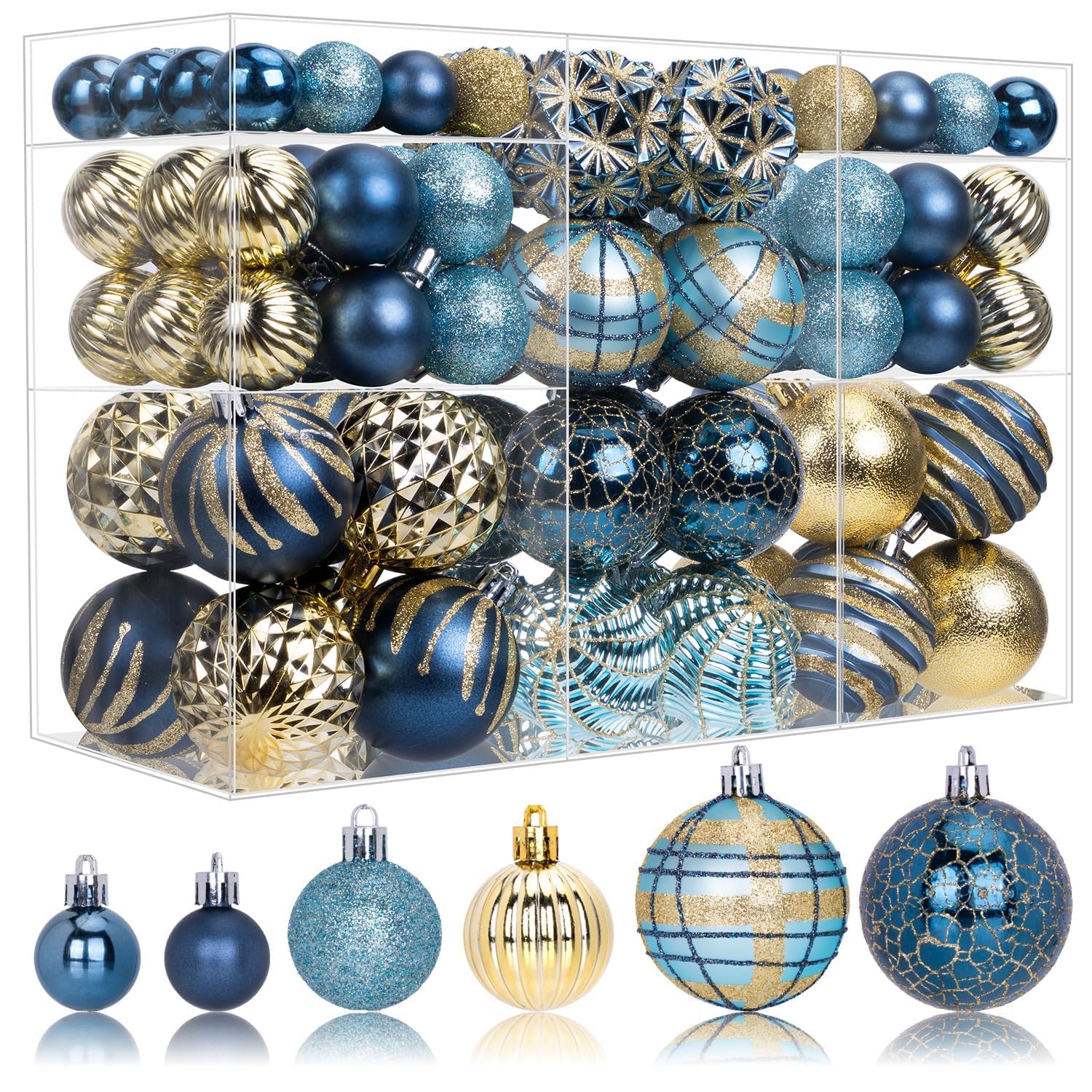 Photo 1 of 100ct Christmas Ball Ornaments Set, Blue and Gold Shatterproof Hand-Painted Hanging Baubles Decoration Bulk for Xmas Tree, Wreath, Garland, Home Holiday Decor