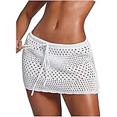 RoseSeek Women's Bathing Suit Cover Up Crochet Beach Skirt Knit Drawstring Sheer Mesh Swim Coverups Swimwear