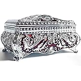 SIWOT Rectangular Classical Patterned Jewelry Box,Metal Retro European Scroll Design Treasure Storage Chest Case for Girls Women (Chrome Red, Small)