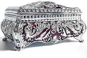 SIWOT Rectangular Classical Patterned Jewelry Box,Metal Retro European Scroll Design Treasure Storage Chest Case for Girls Women (Chrome Red, Small)