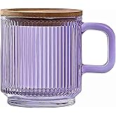 Lysenn Glass Coffee Mug with Lid - Premium Classical Vertical Stripes Glass Tea Cup - for Latte, Tea, Chocolate, Juice, Water - Lead-Free - Bamboo Lid - Amethyst Purple