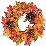 Bibelot 20 inch Autumn Wreath -Pumpkin,Pine Cone and Maple Leaf Wreath with Berry for Front Door Hanging Wall Decoration,Fall