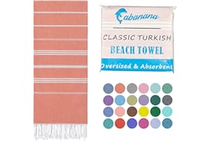 cabanana Cotton Turkish Beach Towel - Large 39 x 71 Inch Lightweight Oversized Peshtemal Towel, Portable Prewashed Hammam Towel (Coral)