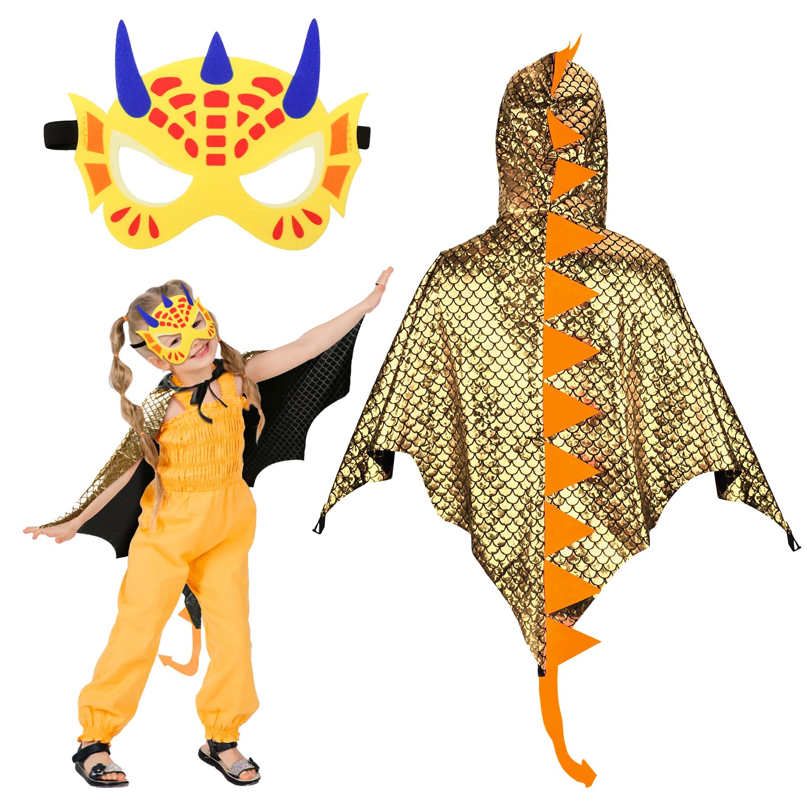 Landifor 2pcs Dinosaur Costume for Kids Gold Dino Fancy Dress Outfit Dragon-Wings Cape with Dino Mask for 3-8 Years Toddler Jurassic Themed Party Costume Cosplay Pretend Play