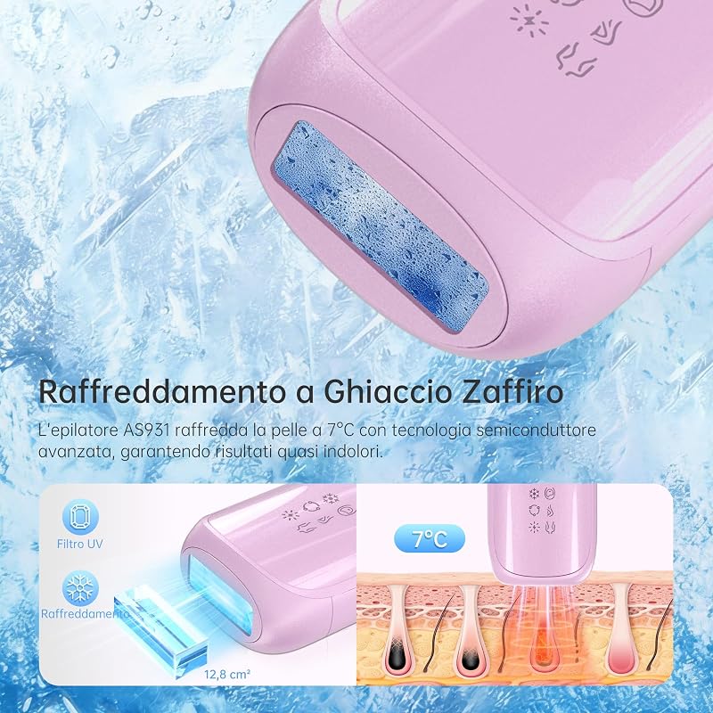 Epilatore Luce Pulsata con Funzione di Raffreddamento：Luce Pulsata Epilatore con 3 Modalità, Scorrimento Continuo Automatico, Luce Pulsata Per Donne e Uomini, Ascelle, Tutto il Corpo, Viola