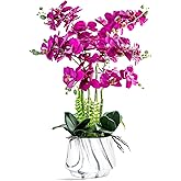 W&W Artificial Orchid Plants and Flowers with Vase, Fake Faux Silk Orchid in Ceramic Pot, 24'', Purple